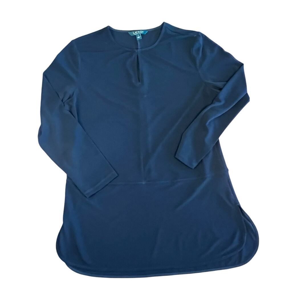 Ralph Lauren Women's Medium Tunic Blouse Black Stretchy 3/4‎ Sleeves Keyhole